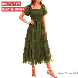 Smocked Midi Tulle Dress Puffy Sleeves Square Neck Wedding Guest Party